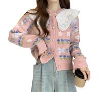 Encantador cárdigan informal para mujer con cuello de muñeca y elementos florales en un tejido de punto acogedor (talla media)