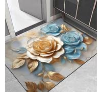 Encantador diseño floral felpudo con base antideslizante para uso en interiores y exteriores, fácil de limpiar, material de terciopelo de cristal para entrada, pasillo, sombra azul, 50 x 80 cm (40 x