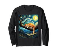 Encantador gato jengibre en una rama de árbol Van Gogh Noche estrellada Manga Larga