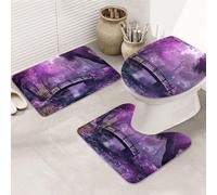 Encantador juego de alfombras de baño de 3 piezas con diseño de flores de color caqui y bosque y puentes rurales, suaves y absorbentes de espuma viscoelástica y alfombra de baño en forma de U