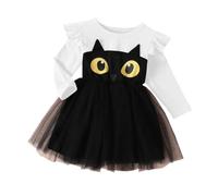 Encantador Vestido de niña de Manga Larga con Estampado de Ojos de Gato y Falda para Halloween y otoño. (a-White, 2-3 Years)