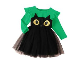 Encantador Vestido de niña de Manga Larga con Estampado de Ojos de Gato y Falda para Halloween y otoño. (a-Green, 12-18 Months)