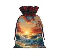 Encantadora bolsa de regalo de Navidad con paisaje de puesta de sol en el océano, bolsa de regalo de yute festivo, para tus necesidades de envoltura navideña