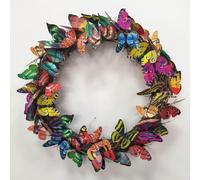 Encantadora corona de vid de mariposa con flores de plástico coloridas para decoración del hogar de primavera al aire libre jardín puerta colgante de pared anillo floral festivo 40 cm de diámetro (40