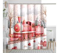 Encantadora cortina de ducha de tren navideño, decoración festiva roja para baño, escena de nieve de invierno, juego de cortina de ducha de tela impermeable con ganchos, 72 x 78 pulgadas