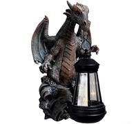 Encantadora luz solar de dinosaurio para césped o jardín, resina fabricada con detalles finos y sellada para necesidades de iluminación al aire libre (dragón gris cobre)