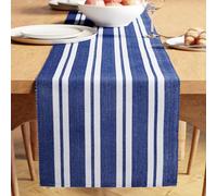 Encasa XO Camino de Mesa | Algodón de Canalé Fino Teñido con Hilo | Tamaño 32x200 cm | Franca Blue Stripes | Lavable a Máquina