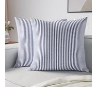 Encasa XO Fundas de Cojín, para Sofá, sin Relleno 20"x20" | Azul Marino a Rayas, 100% Lona de Algodón | Cremallera Invisible | Lavable a Máquina | Teñido en Hilo, Duradero | Set de 2