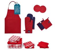 Encasa XO Juego de 21 Piezas de Toallas y Accesorios de Cocina, Ideal para Apartamentos. Incluye Guantes de Horno, Soportes, Delantal, paños, Saco de harina y Posavasos en Elegante Color Rojo.