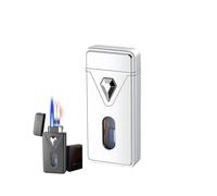 Encendedor Butano Triple Antorcha, A prueba de viento, Llama Dulce/Llama Jet Conmutable, Recargable A, Ventana De Combustible Visible, Adecuado Para Camping Senderismo (Silver)