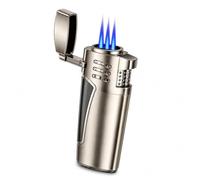 Encendedor de butano de Triple Chorro, Encendedor de antorcha Recargable con Ventana de Combustible Visible | Encendedor de Metal Compacto con Tapa abatible for Camping, Senderismo(Silver)