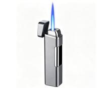 Encendedor de butano ultrafino a prueba de viento con llama azul, fácil de encender con un botón, llama ajustable, recargable, portátil, hecho de material de aleación de alta calidad