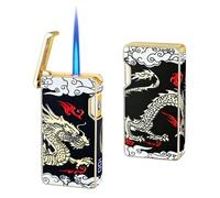 Encendedor de doble llama con patrón de dragón de cuatro lados, múltiples métodos de encendido, relleno de butano, contador de encendido con pantalla inteligente, a prueba de viento.