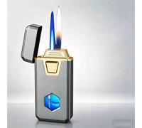 Encendedor de doble llama, encendedor de butano resistente al viento con ventana de gas visible, azul azabache y fuego suave, recargable, ideal para camping, barbacoa, puros y más