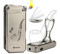 Encendedor de tubo con soporte de tubería, herramientas de limpieza 3 en 1, encendedor de butano recargable con llama suave en ángulo, encendedores de pipa para fumar (butano no incluido (plata)