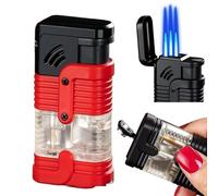 Encendedor portátil de Triple Llama a Prueba de Viento, Recargable de butano con Ventana de Combustible Visible, Encendedor multifunción con Ajuste de Llama for Acampar y Hacer Senderismo.(Red)