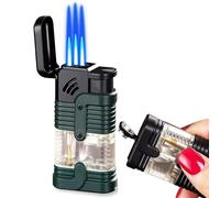 Encendedor portátil de Triple Llama a Prueba de Viento, Recargable de butano con Ventana de Combustible Visible, Encendedor multifunción con Ajuste de Llama for Acampar y Hacer Senderismo.(Green)