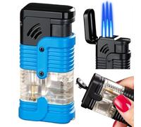 Encendedor portátil de Triple Llama a Prueba de Viento, Recargable de butano con Ventana de Combustible Visible, Encendedor multifunción con Ajuste de Llama for Acampar y Hacer Senderismo.(Blue)