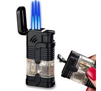 Encendedor portátil de Triple Llama a Prueba de Viento, Recargable de butano con Ventana de Combustible Visible, Encendedor multifunción con Ajuste de Llama for Acampar y Hacer Senderismo.(Black)