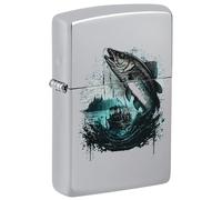 Encendedor Zippo a Prueba de Viento - Fish and Boat, High Polish Chrome, Color Image - Recargable - Reutilizable - Diseño a Prueba de Viento - Caja Regalo - Fabricado en Estados Unidos