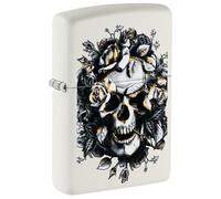 Encendedor Zippo a prueba de viento - Skull and Roses, White Matte, Color Image - Recargable - Reutilizable - Diseño a prueba de viento - Caja regalo - Fabricado en Estados Unidos
