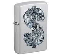 Encendedor Zippo a prueba de viento - Tattoo Dollar, Satin Chrome, Color Image - Recargable - Reutilizable - Diseño a prueba de viento - Caja regalo - Fabricado en Estados Unidos