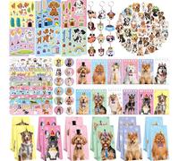 ENCETARDE Juego de 114 recuerdos de fiesta para perros, suministros de fiesta para cachorros para niños, 42 calcomanías para perros, 12 bolsas de regalo, 12 insignias de botón, 12 llaveros, 12 mini