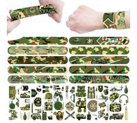 ENCETARDE Juego de 60 piezas de fiesta militar de camuflaje, 30 tatuajes temporales, 30 pulseras de bofetadas, suministros de cumpleaños temáticos del ejército, decoración de fiesta de camuflaje