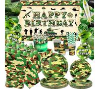 ENCETARDE Suministros de fiesta de cumpleaños de camuflaje de camuflaje: decoración de fiesta del ejército, platos, tazas, servilletas, mantel, telón de fondo de feliz cumpleaños, globos (20 juegos de