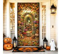 Enchanted Autumn Garden Arch Halloween Door Covers 36 x 72 pulgadas | Hojas de otoño, pancarta de porche, linternas brillantes, camino mágico de jardín, tema de cosecha de temporada