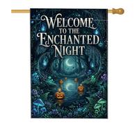 Enchanted Forest - Bandera de Halloween con cita de calabazas de 71 x 101 | Setas brillantes, bandera de césped, luna creciente, paisaje del bosque, atmósfera misteriosa, tipografía mística