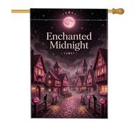 Enchanted Moonlight Village - Bandera de Halloween con cita de casa de 28 x | Luna llena, bandera de césped, gatos negros, Jack-o'-lanterns, noche estrellada, camino adoquinado, pueblo mágico
