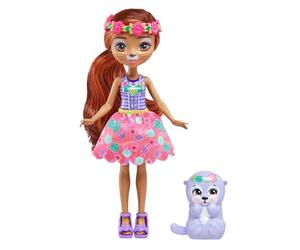 Enchantimals Muñeca Oneda Otter con Mascota Nutria Kelpie, Falda Rosa y Corona de Flores, colección Sunshine Island, Juguete +4 años (HXB98)