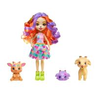 Enchantimals Sunshine Beach Familia de Golita Goat, Muñeca con melena larga y colorida y falda de flores, incluye 3 mascotas cabra, juguete regalo para niños y niñas +3 años, HXC00