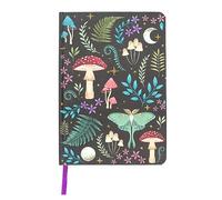 Enchanting - Cuaderno A5, diseño de bosque oscuro con hongos místicos, polilla de luna brillante y plantas mágicas. Bordes de lámina dorada, marcador de cinta, diario y papelería de escritorio