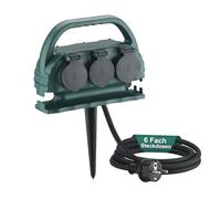 Enchufe de jardín de 6 enchufes IP44 con asa y estaca, enchufe exterior impermeable con cable de goma H07RN-F para exteriores, 6 enchufes para jardín, distribuidor de corriente (10 m, verde)