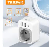 TESSAN Ladron Enchufes con USB C, 4 en 1 Cargador Ladrón Enchufes, Regleta Pared con 3 USB, Multiple Pared para Oficina, Cocina, Compatible con Móviles, Blanco y Gris