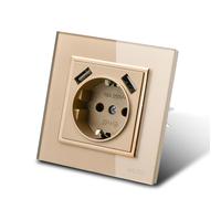 Enchufe de pared con toma empotrada USB,2 tomas USB,Enchufe de pared interior 250V AC 16A,Toma de tierra Panel de cristal dorado BLJ05