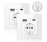 Enchufe de pared USB (Max. 3.1A) con Tipo C Port, 16Amp Enchufes Schuko de Cristal con Conector USB de Carga Rápida, 250V, para Smartphone MP3 Tablet, para Cocina, Dormitorio, Paquete de 2