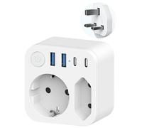 Enchufe de viaje de Francia al Reino Unido con 4 Enchufes USB (2 USB-C), Adaptador de Viaje de Doble Salida, Schuko Enchufe a Tipo G para, Irlanda, Malta, Blanco