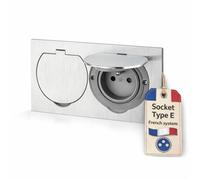 Enchufe doble empotrable de acero inoxidable, IP55, tapa abatible, abrazadera tipo E francés