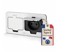 Enchufe doble empotrable de acero inoxidable, IP55, tapa abatible, abrazadera tipo E francés