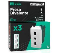 Enchufe eléctrico italiano 2P + T bivalente 10/16 A 250 V toma de corriente bipaso estándar de pared color blanco frutas compatibles con Vimar Plana Serie Civil 618B - Paquete de 3