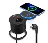 Enchufe empotrable con USB C, enchufe de escritorio, enchufes de mesa de 90 mm con tapa, 2 puertos USB-A PD de 20 W y carga inalámbrica de 15 W, cable de alimentación de 1,8 m
