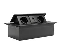 Enchufe empotrable retráctil de 2 compartimentos con 2 USB, lista de enchufes empotrable, encimera con tapa negra, enchufe para muebles plegable para cocina/escritorio/banco de trabajo, 26,6 x 11,8 x