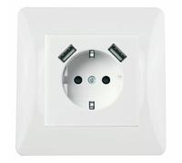 Enchufe empotrado blanco con 2 puertos USB, ideal para cargar dispositivos electrónicos y facilitar conexiones en espacios reducidos.