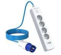 Enchufe empotrado con USB, enchufe empotrable con interruptor, 4 enchufes de mesa, regleta con 2 USB 1 USB C, regleta con enchufe CEE para camping, cocina, caravana, tienda de campaña, cable blanco