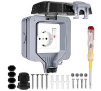 Enchufe Estanco IP66, 3680W Enchufe Exterior Impermeable con Interruptor, 16A Pared Toma de Corriente de Cable y Tapa Abatible, Estancos Exterior Enchufes para Jardín, Piscina, Cocina, Baño y Garaje