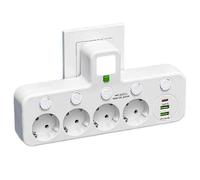 Enchufe europeo de 4 tomas con USB-C para Indonesia, Alemania, Francia, España e Italia.