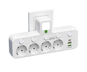 Enchufe europeo de 4 tomas con USB-C para Indonesia, Alemania, Francia, España e Italia.